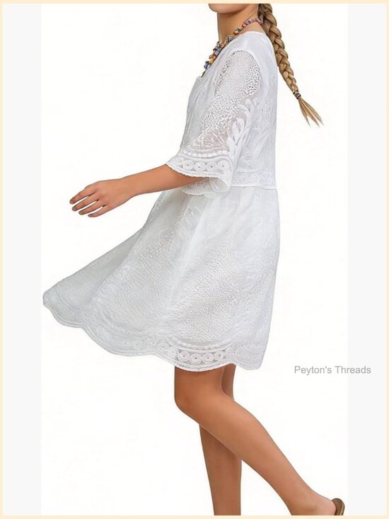 Dresses & Skirts - Embroidered Paisley Midi Dress - V-Neck Bell Sleeves Cotton Blend Loose A-Line